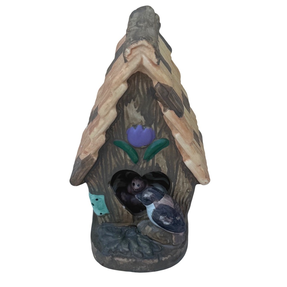 Vintage Ceramic Birdhouse Figurine Heart Opening Birds Rustic Woodland Decor